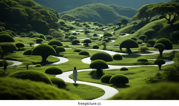 A woman in a white dress walking through a lush green garden with manicured bushes and a winding white path