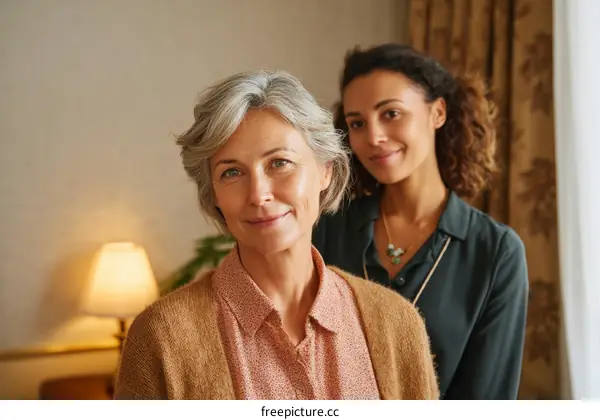 Two women smiling warmly at camera