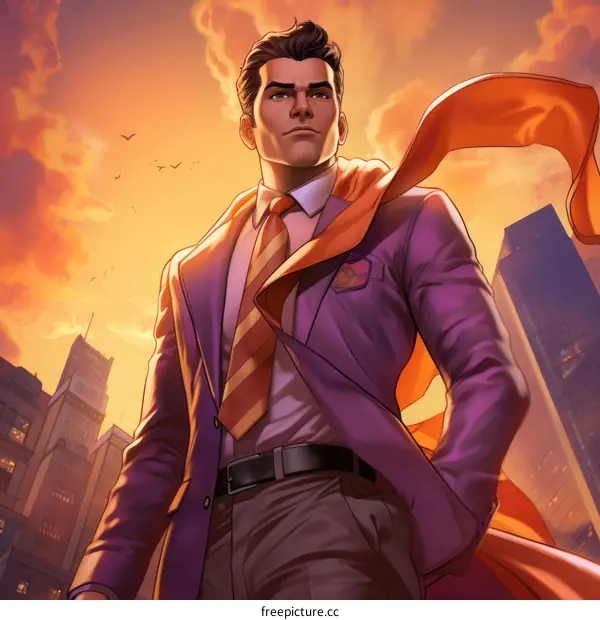 A confident superhero in a purple suit and orange tie stands tall before a cityscape at sunset.