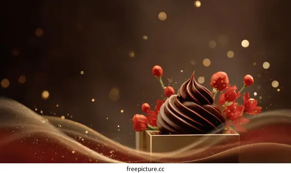 Chocolate Dessert in a Golden Box with Red Flowers