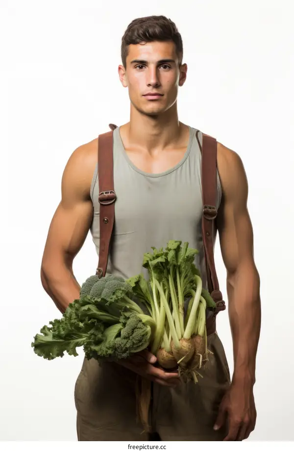 Young male farmer holding a bunch of fresh vegetables