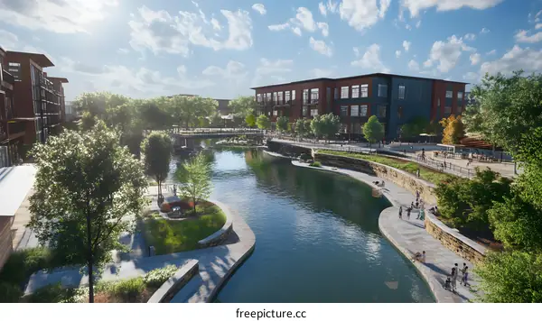Modern Waterfront Development with River and Buildings