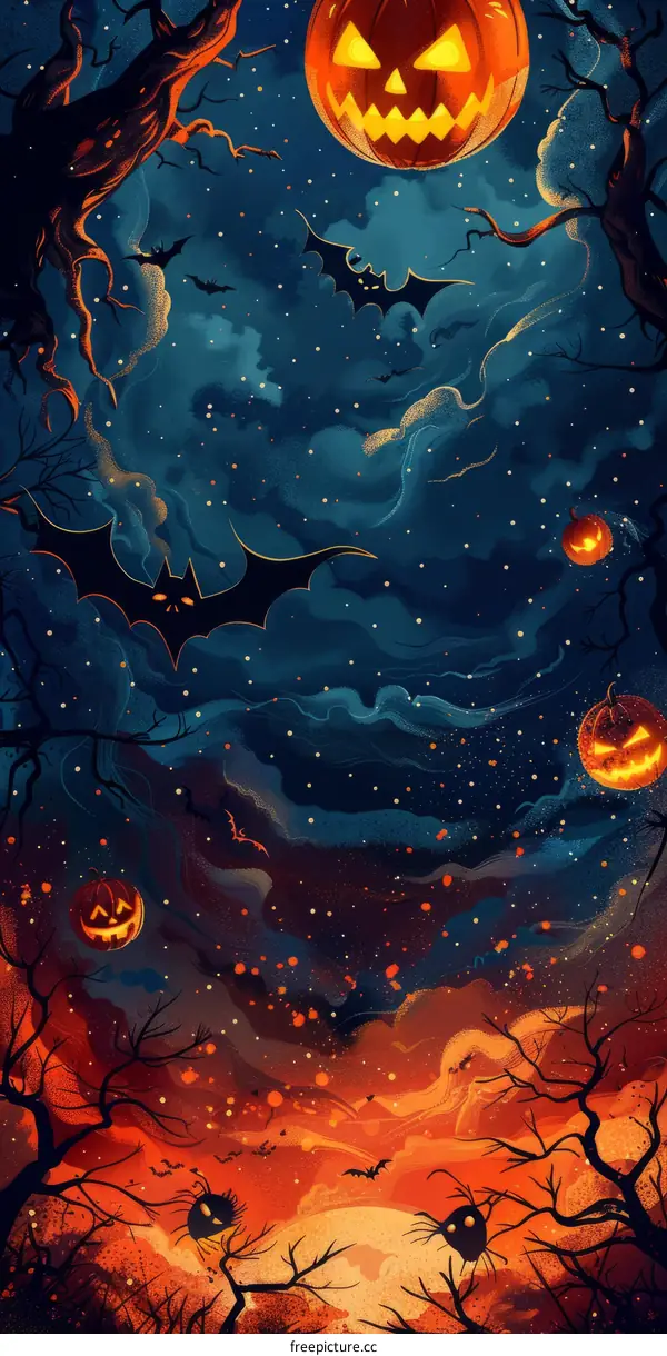 Halloween Forest with Bats and Pumpkins