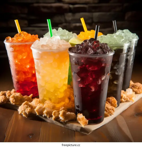 A variety of colorful slushy drinks in plastic cups with lime and fried chicken