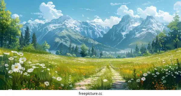 fantasy mountain landscape with flowers