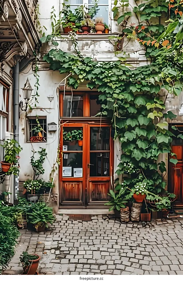 Vintage Building Entrance with Ivy and Cobblestone
