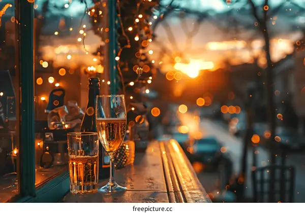 Golden Hour Champagne Glass and Bottle On The Table By The Window