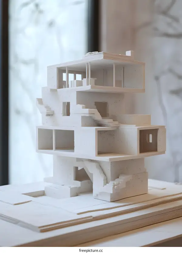 White Architectural Model of a Modern Building with Interior Details