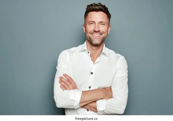 Confident Caucasian Man Posing Against Solid Background