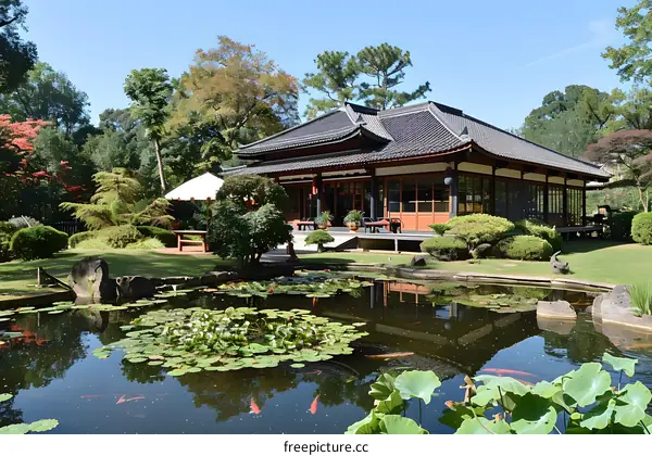 Japanese Garden With Pond and House
