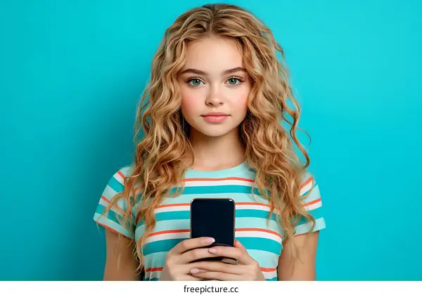 Teenage Girl Holding Smartphone Against a Teal Background