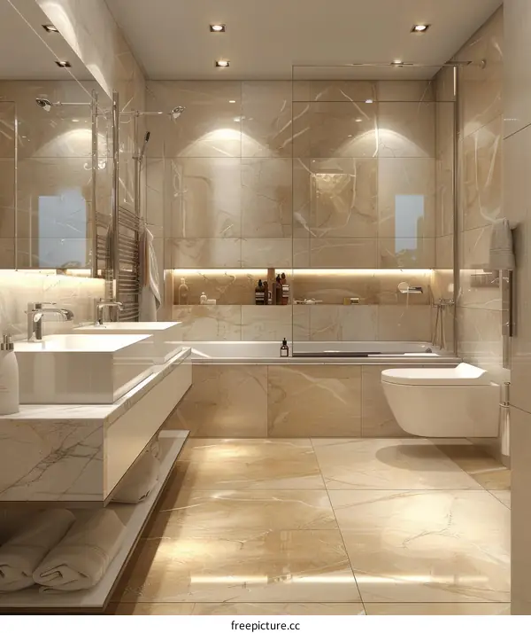 Modern Luxury Bathroom Design with Beige Marble Tiles