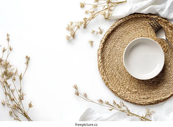 Minimalist Table Setting with Dried Flowers and White Background