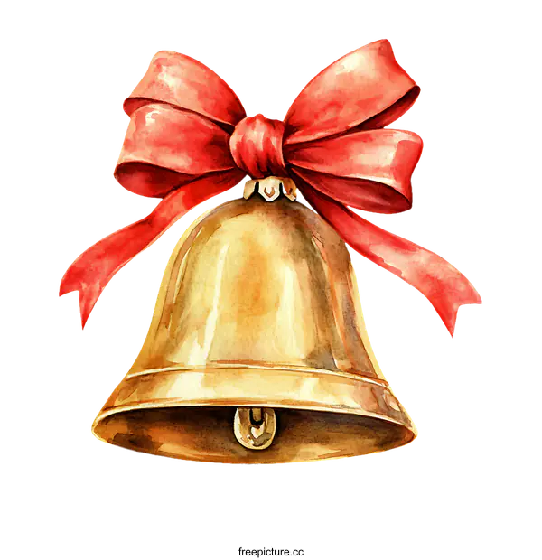 [Transparent Background PNG]Watercolor Christmas Gold Bell with Red Ribbon
