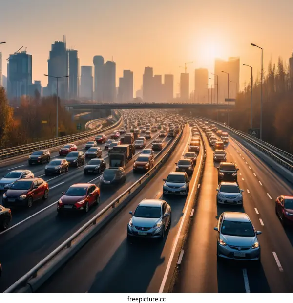 Vehicles on a busy highway with a large city in the background