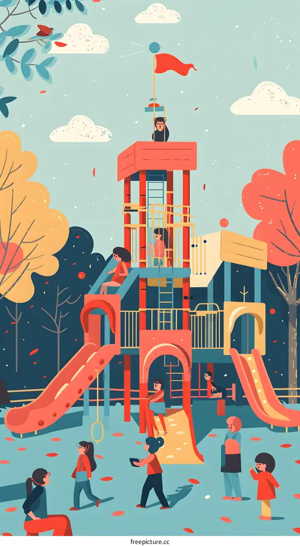 Colorful Illustration of Children Playing on a Playground