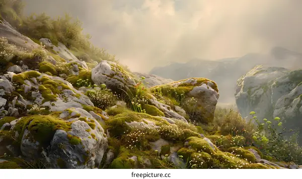 Green Moss on Rocky Mountainside