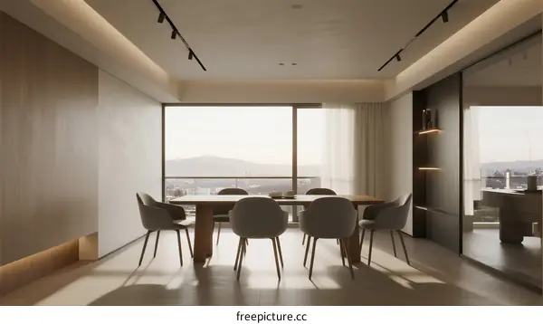 Modern Dining Room with Large Window and City View