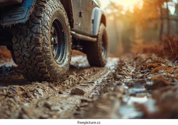 Muddy off-road tire close up