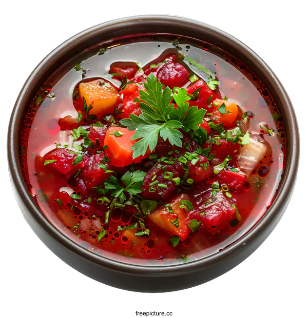 [Transparent Background PNG]A bowl of red soup with vegetables and greens