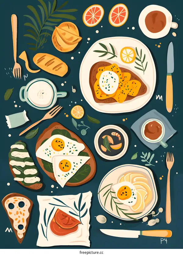 Illustration of a Table Set with Delicious Food