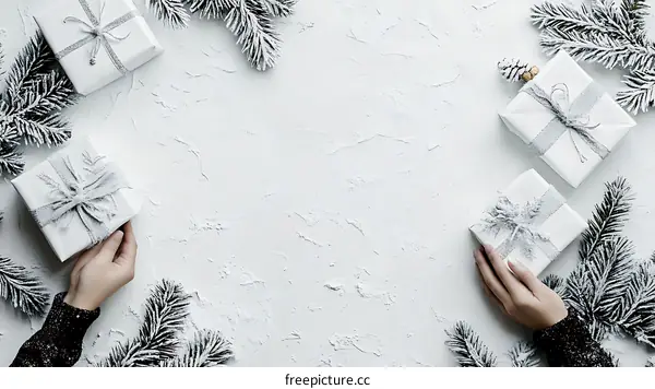 Elegant Christmas Gifts on a Textured White Surface with Two Hands
