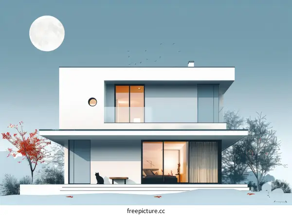 A serene winter evening at a contemporary home with a full moon