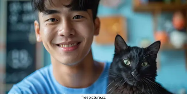 A young man with a black cat on his shoulder