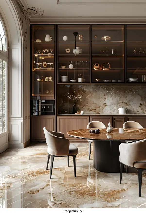 Modern and minimalist kitchen and dining room with marble table and chairs