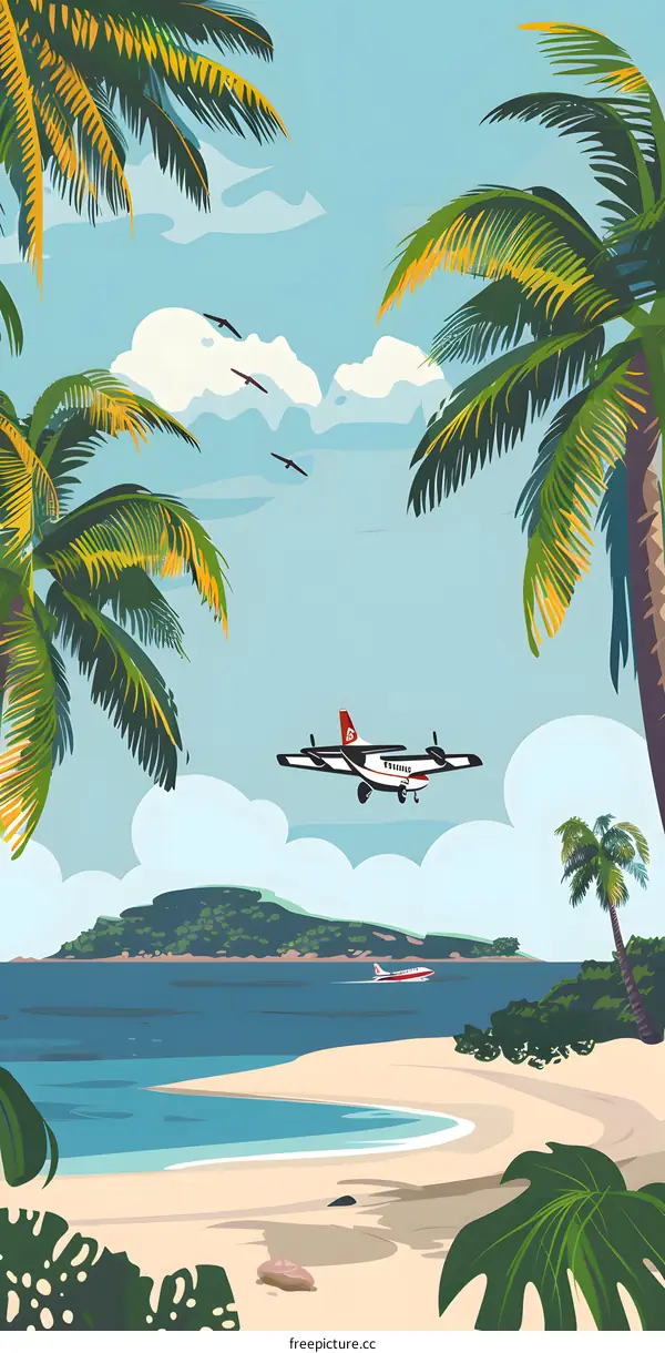 Tropical Island with Palm Trees and Airplane