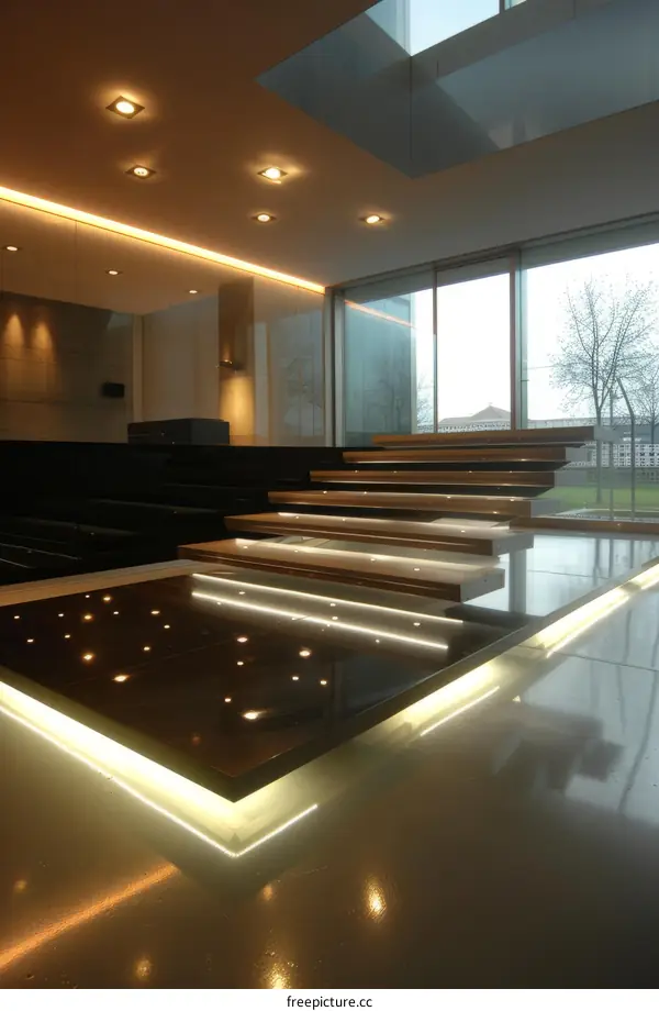 Modern minimalist interior design with floating staircase and glass walls