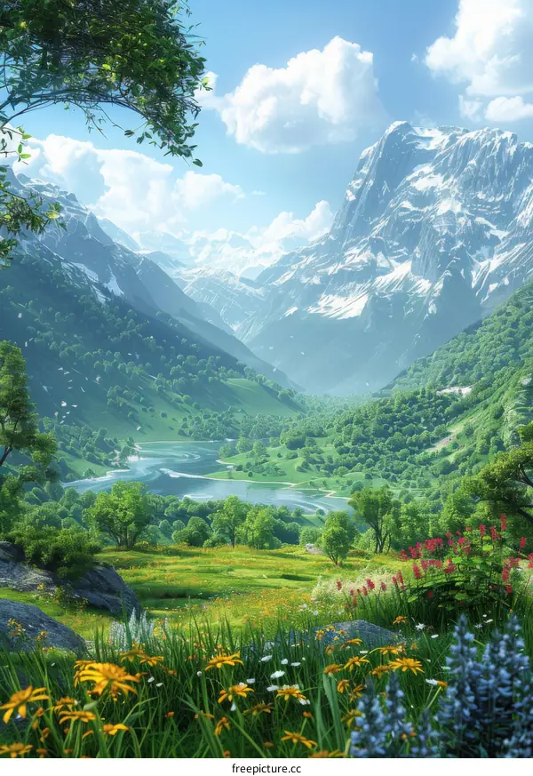 Majestic Mountains and Tranquil Valley with River and Flowers