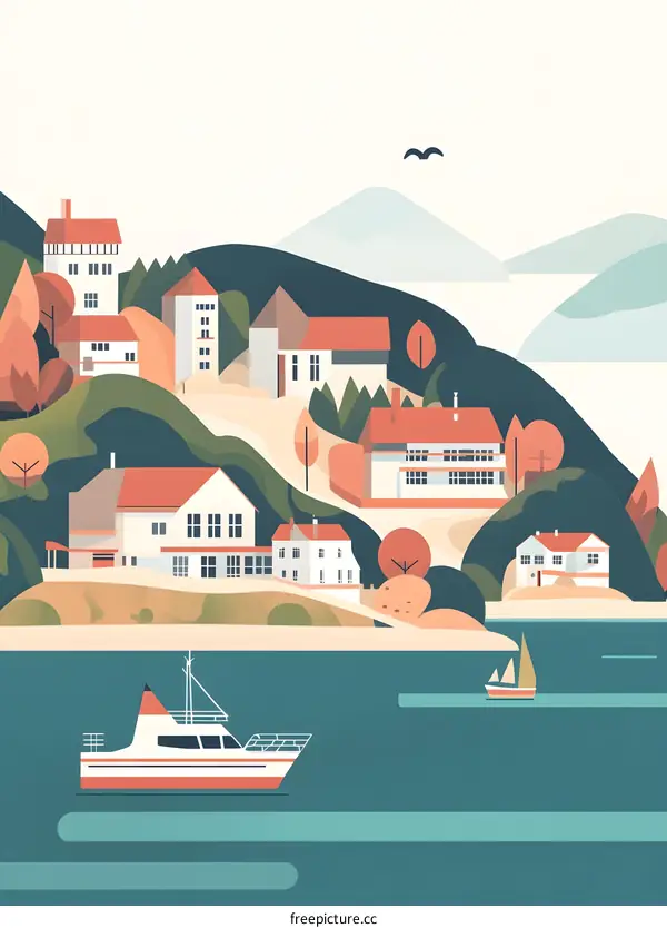 Coastal Village Illustration With Boats And Mountains