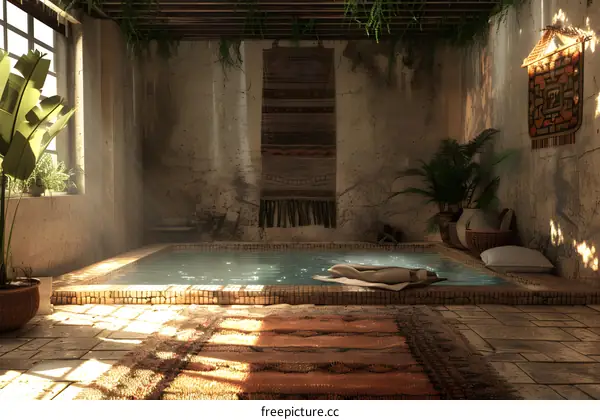 Rustic Spa with Pool and Palm Trees
