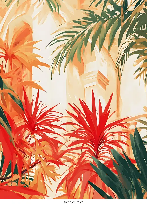 Tropical Plants in Front of White Wall Illustration