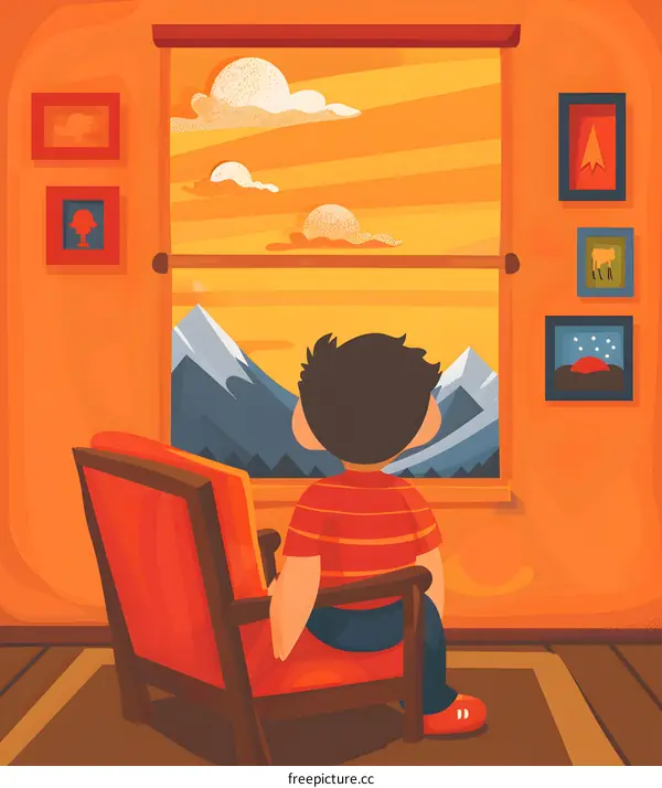 Boy Sitting in Chair Looking Out Window at Mountain Sunset