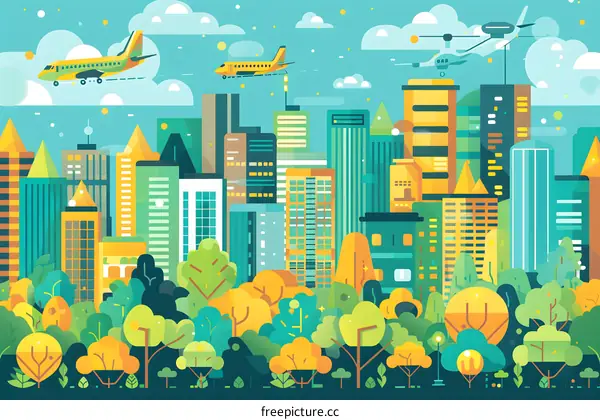 Modern Cityscape with Green Trees and Flying Vehicles