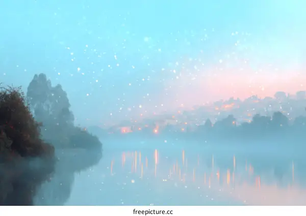Misty Morning Cityscape with Snowflakes