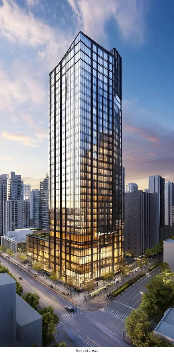 Modern Glass Skyscraper Building In City At Dusk