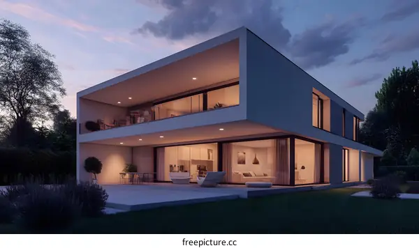 Modern House with Large Windows and Patio at Dusk