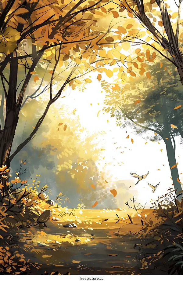 Autumn Forest Path with Birds Flying