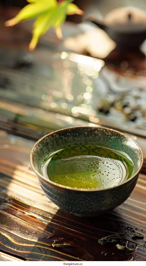 Green tea in a ceramic cup with a leaf on the table