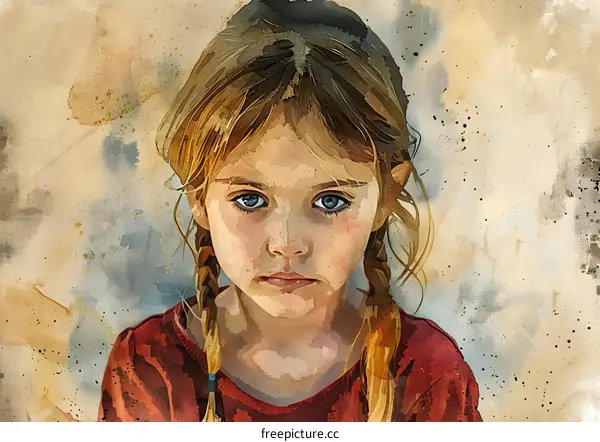 Young Girl with Blue Eyes and Braids in Watercolor Style
