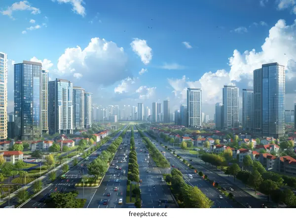 Modern Cityscape with Tall Buildings and Blue Sky