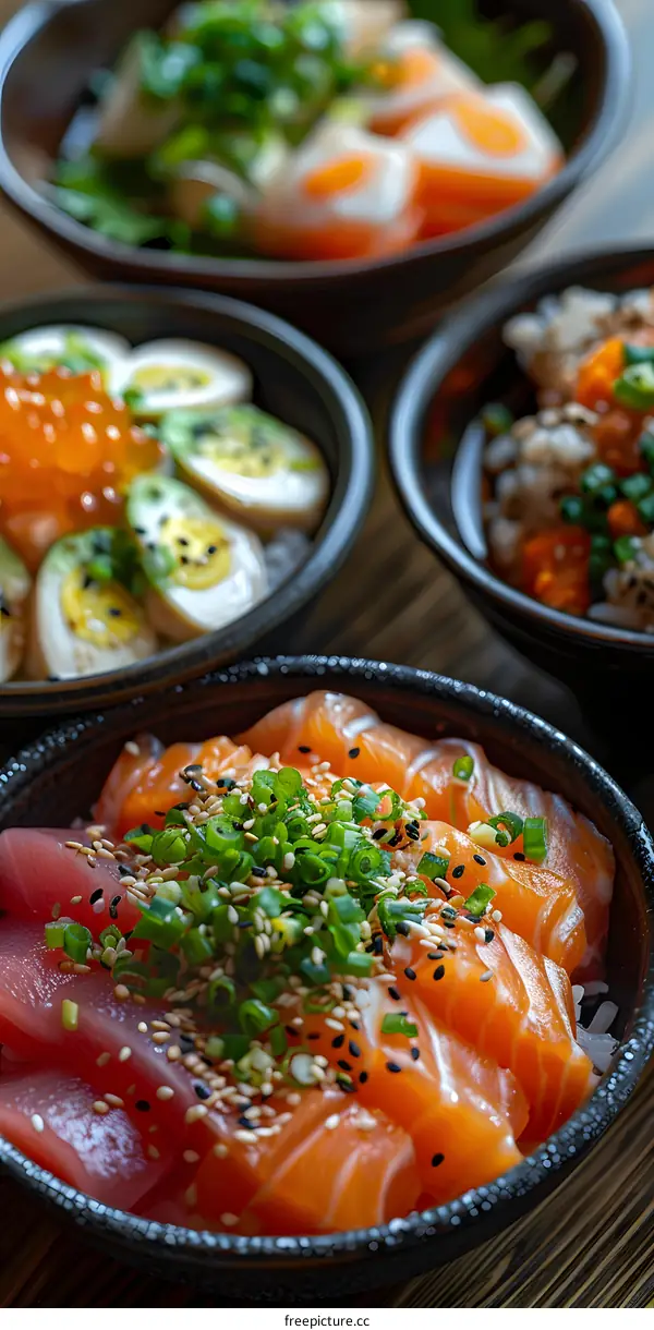 Four bowls of different kinds of Japanese food