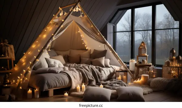 Cozy bedroom with a teepee bed and lots of pillows and blankets