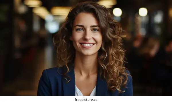 Portrait of a smiling young businesswoman with curly hair wearing a suit