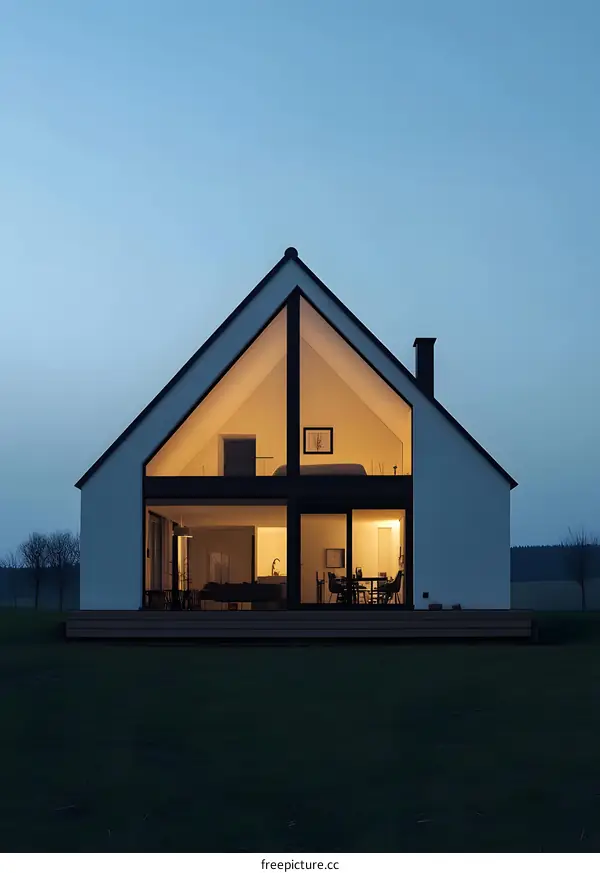 Modern House with Large Windows at Dusk