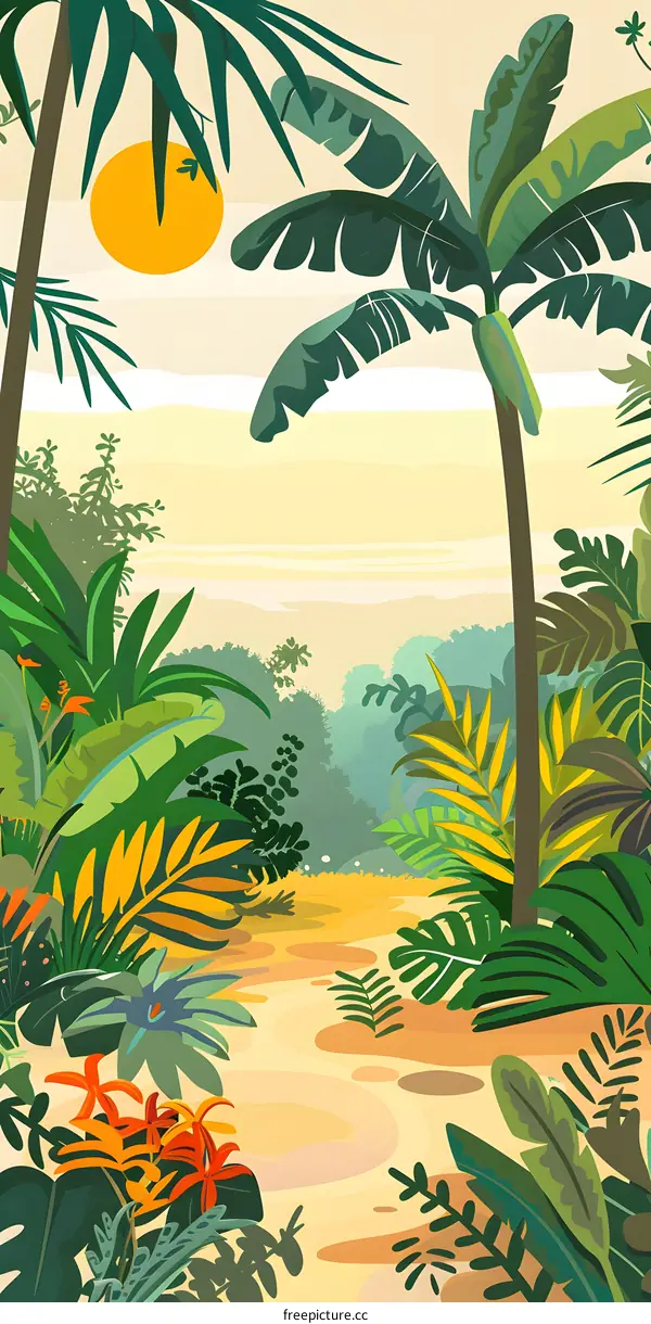 Tropical Jungle Illustration With Palm Trees And Lush Greenery