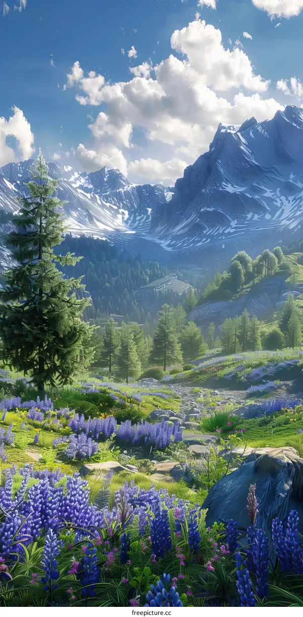 Purple Wildflowers Blooming in Front of Majestic Mountains